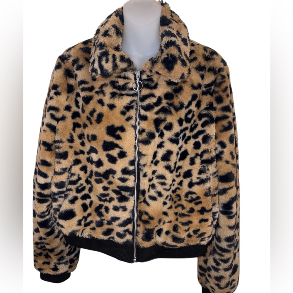 No Boundaries Leopard Print Faux Fur Teddy Jacket - Tan & Black
